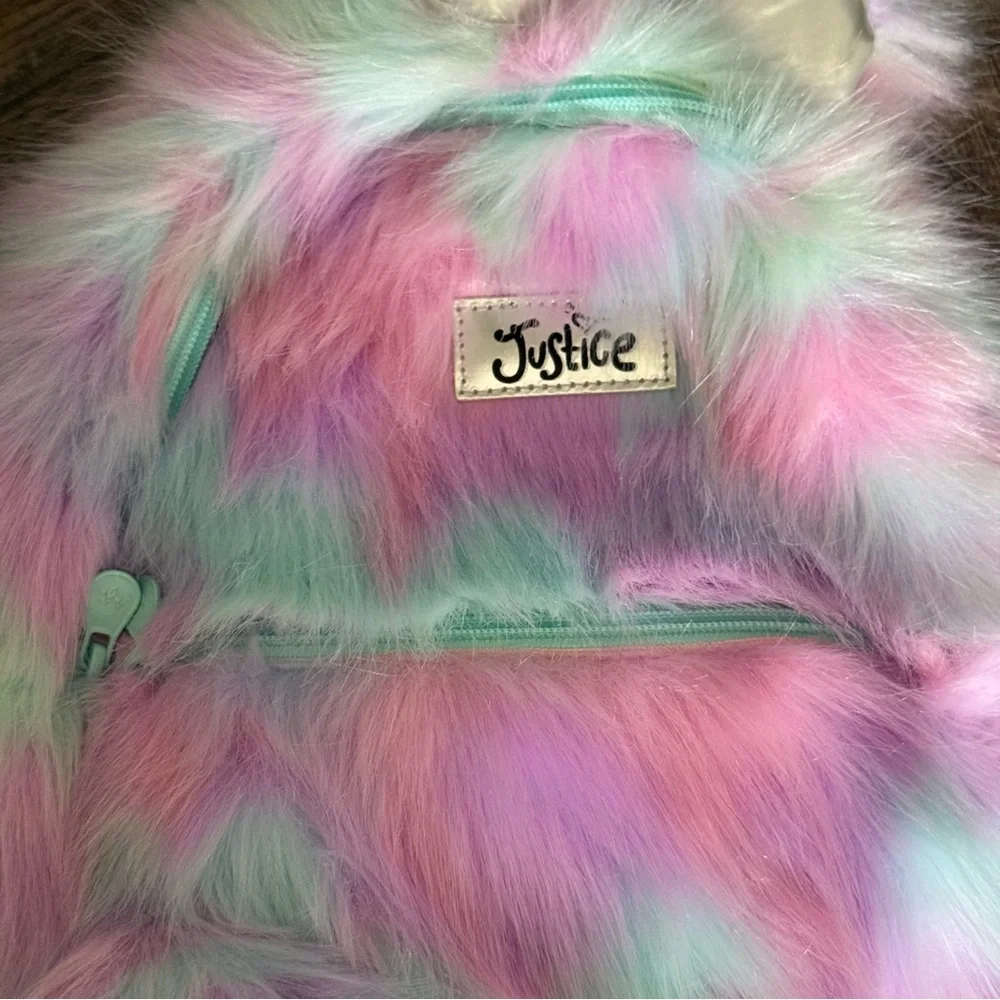 NWOT Justice Furry Unicorn Mini Backpack with Adjustable Straps